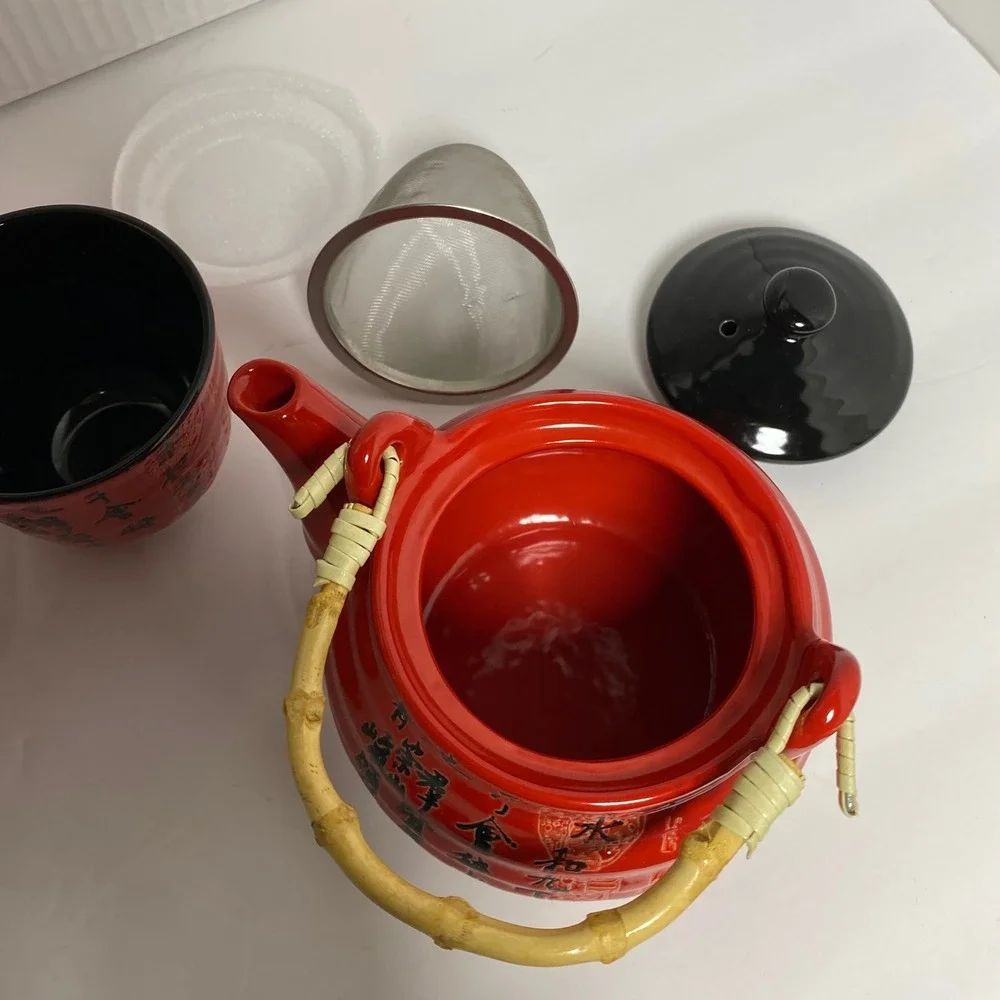New Asian Tea Set Teapot‎ with Bamboo Handle 4 Cups Red Black Chinese Writing